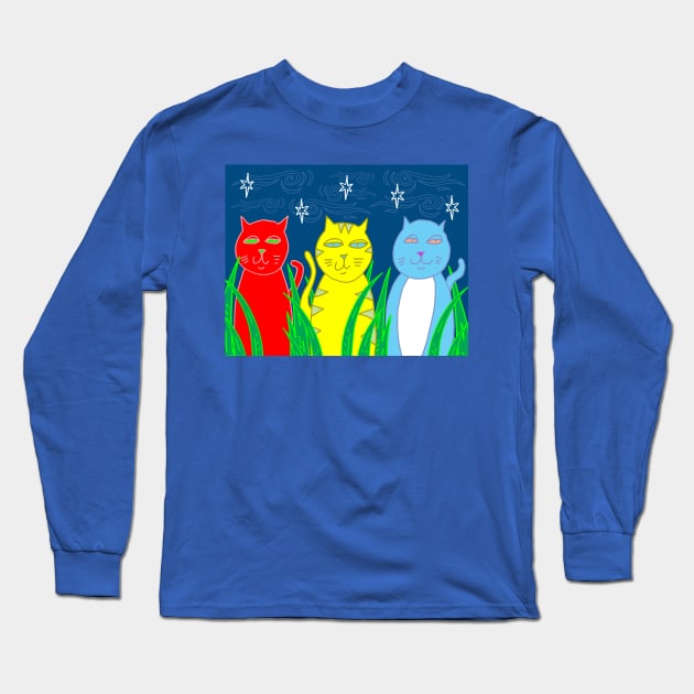 Three Cats in the Night Long Sleeve T-Shirt by funkyfolkart